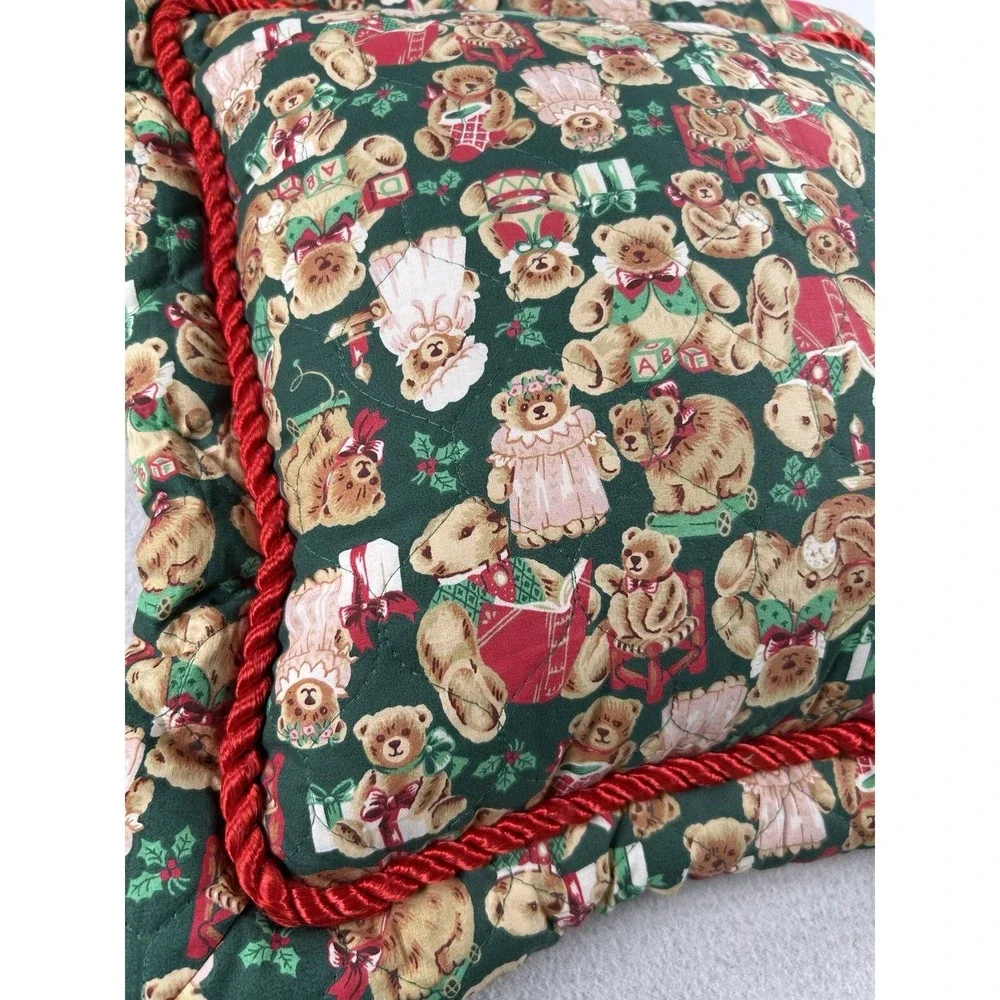 VTG Teddy Bear Christmas Square Throw Pillow Quilted Handmade 14